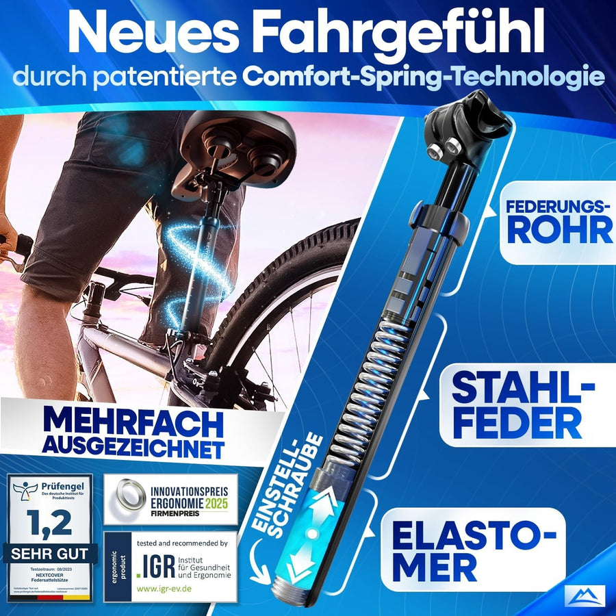 Nextcover Federsattelstütze mit patentierter Stahlfeder und Elastomer Technologie für komfortables Radfahren und Bikepacking
