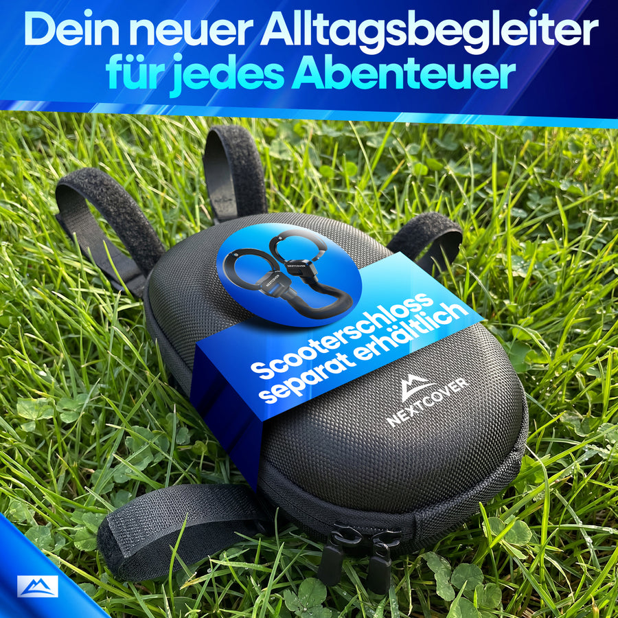 Nextcover Lenkertasche als robuster Alltagsbegleiter im Gras liegend mit Hinweis auf separat erhältliches Scooterschloss für jedes Abenteuer