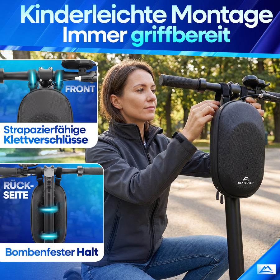 Nextcover Lenkertasche mit strapazierfähigen Klettverschlüssen vorne und hinten für bombenfesten Halt und kinderleichte Montage am E-Scooter Lenker