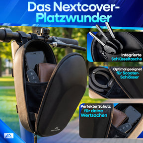 Nextcover Lenkertasche mit großem Stauraum für Smartphone, Geldbörse und Schlüssel sowie integrierter Schlüsseltasche und Platz für Scooterschloss