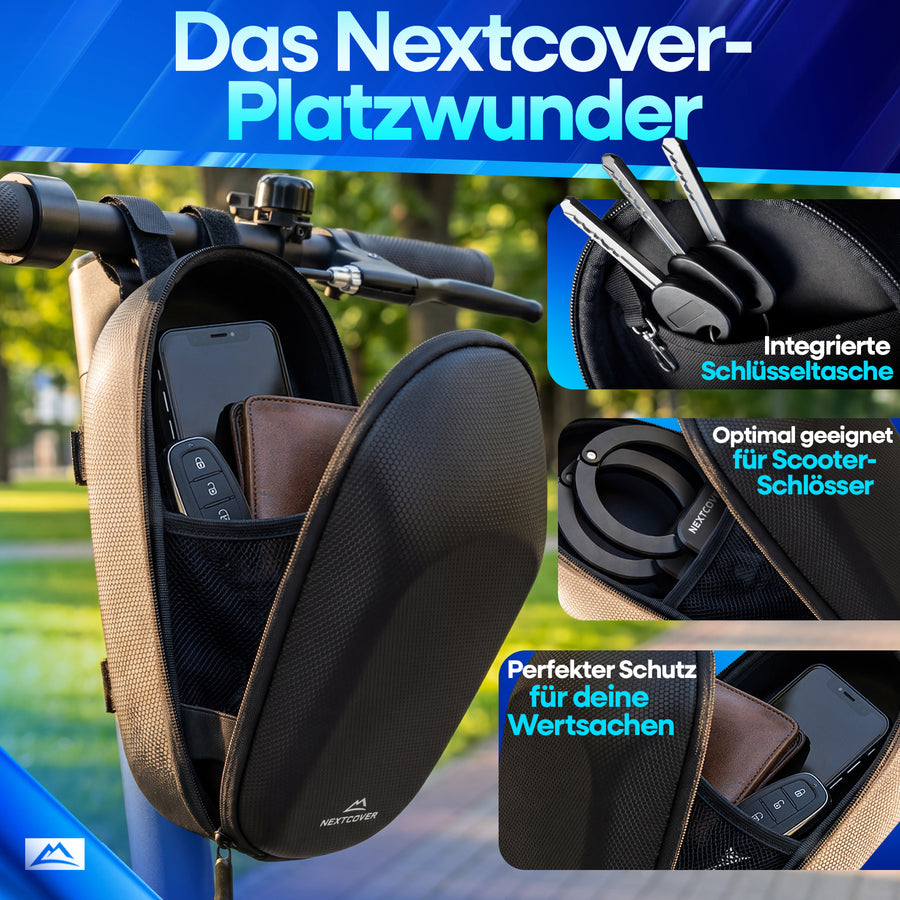 Nextcover Lenkertasche mit großem Stauraum für Smartphone, Geldbörse und Schlüssel sowie integrierter Schlüsseltasche und Platz für Scooterschloss