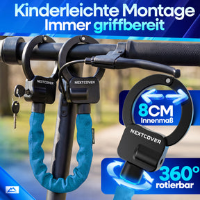 Nextcover Scooterschloss mit 8 cm Innenmaß und 360 Grad rotierbarem Bügel zur kinderleichten Montage am Lenker für jederzeit griffbereiten Diebstahlschutz