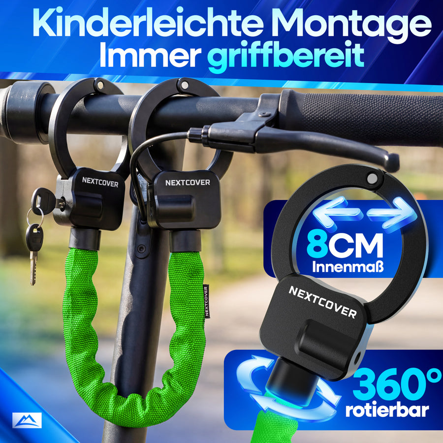 Nextcover Scooterschloss mit 8 cm Innenmaß und 360 Grad rotierbarem Bügel zur kinderleichten Montage am Lenker für jederzeit griffbereiten Diebstahlschutz