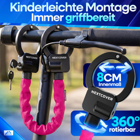 Nextcover Scooterschloss mit 8 cm Innenmaß und 360 Grad rotierbarem Bügel zur kinderleichten Montage am Lenker für jederzeit griffbereiten Diebstahlschutz