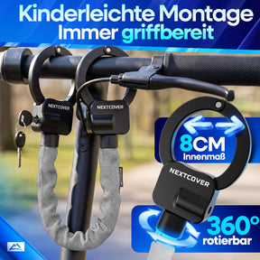 Nextcover Scooterschloss mit 8 cm Innenmaß und 360 Grad rotierbarem Bügel zur kinderleichten Montage am Lenker für jederzeit griffbereiten Diebstahlschutz