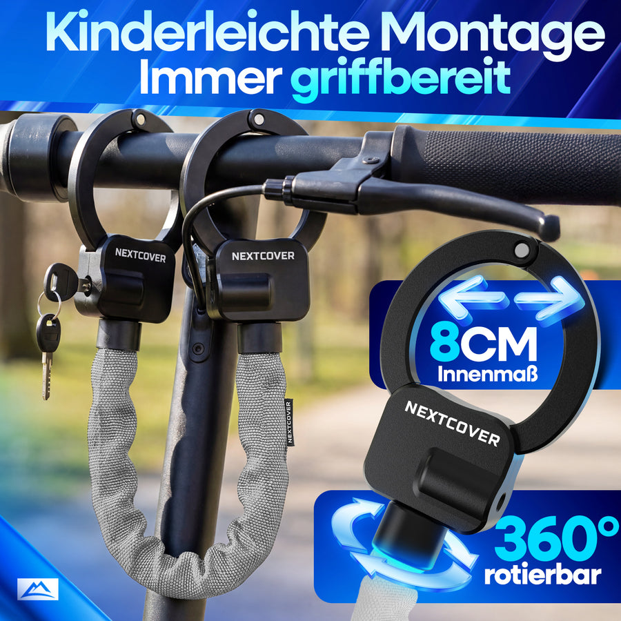 Nextcover Scooterschloss mit 8 cm Innenmaß und 360 Grad rotierbarem Bügel zur kinderleichten Montage am Lenker für jederzeit griffbereiten Diebstahlschutz