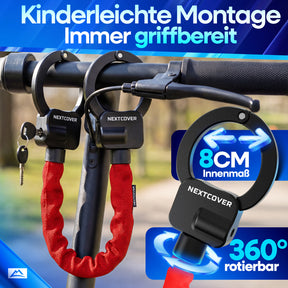 Nextcover Scooterschloss mit 8 cm Innenmaß und 360 Grad rotierbarem Bügel zur kinderleichten Montage am Lenker für jederzeit griffbereiten Diebstahlschutz
