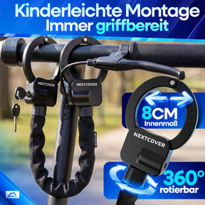 Nextcover Scooterschloss mit 8 cm Innenmaß und 360 Grad rotierbarem Bügel zur kinderleichten Montage am Lenker für jederzeit griffbereiten Diebstahlschutz