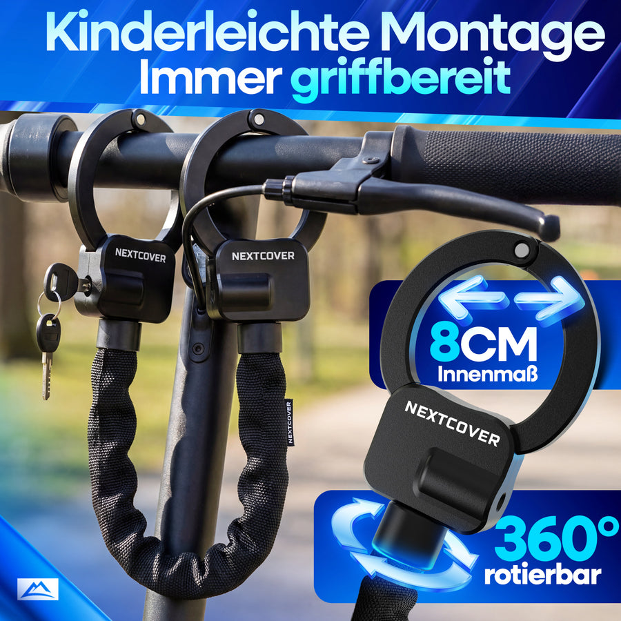 Nextcover Scooterschloss mit 8 cm Innenmaß und 360 Grad rotierbarem Bügel zur kinderleichten Montage am Lenker für jederzeit griffbereiten Diebstahlschutz