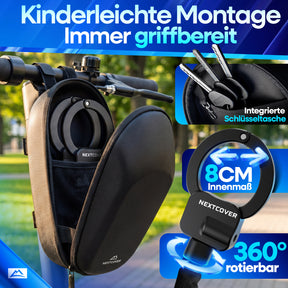 Nextcover Scooterschloss mit 8 cm Innenmaß und 360 Grad rotierbarem Bügel verstaut in Lenkertasche mit integrierter Schlüsseltasche für griffbereiten Diebstahlschutz