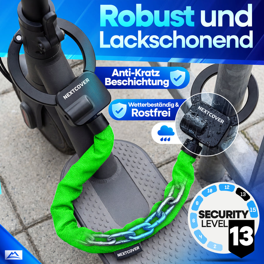 Nextcover Scooterschloss mit Anti-Kratz Beschichtung, wetterbeständigem Gehäuse und Security Level 13 montiert am E-Scooter und Pfosten