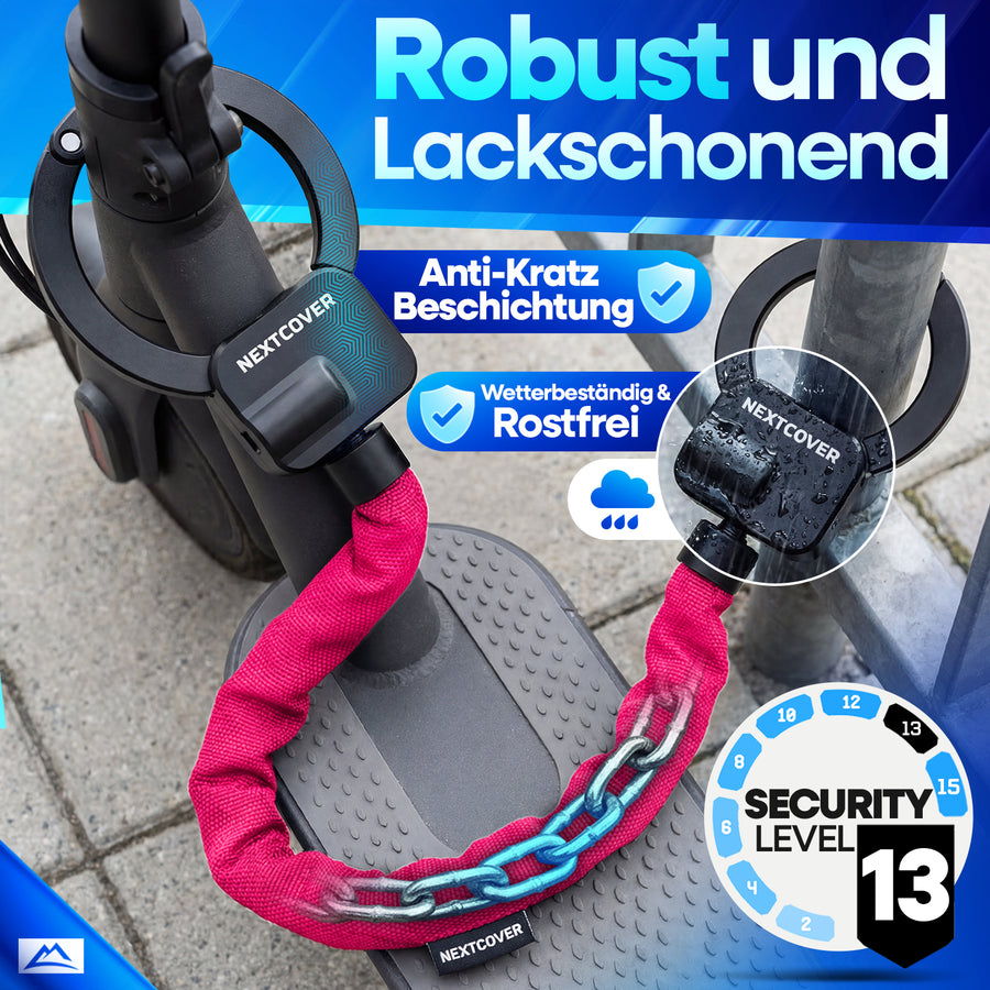 Nextcover Scooterschloss mit Anti-Kratz Beschichtung, wetterbeständigem Gehäuse und Security Level 13 montiert am E-Scooter und Pfosten