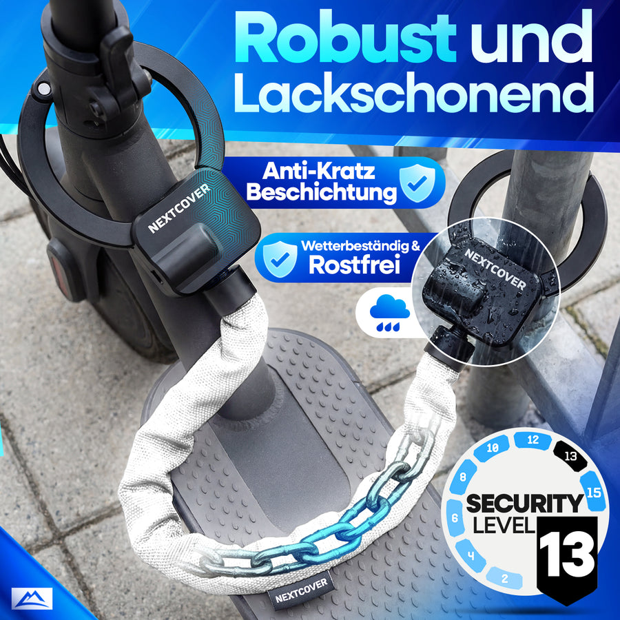 Nextcover Scooterschloss mit Anti-Kratz Beschichtung, wetterbeständigem Gehäuse und Security Level 13 montiert am E-Scooter und Pfosten
