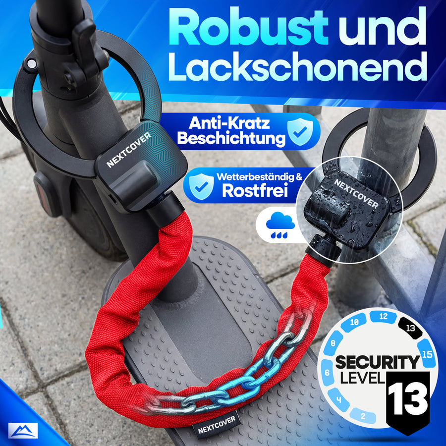 Nextcover Scooterschloss mit Anti-Kratz Beschichtung, wetterbeständigem Gehäuse und Security Level 13 montiert am E-Scooter und Pfosten