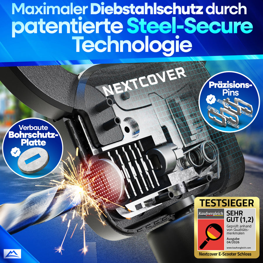 Nextcover E-Scooter Schloss mit Steel-Secure Technologie, Bohrschutzplatte und Präzisions-Pins als Testsieger sehr gut für maximalen Diebstahlschutz