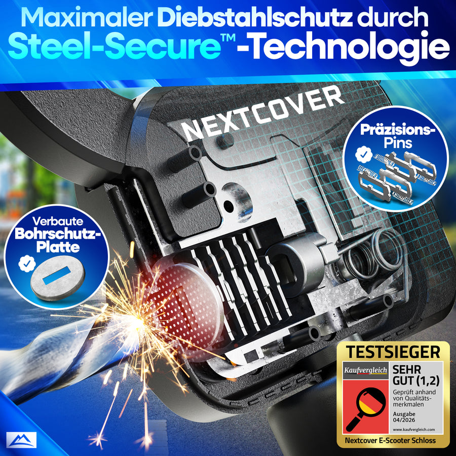 Nextcover E-Scooter Schloss mit Steel-Secure Technologie, Bohrschutzplatte und Präzisions-Pins als Testsieger sehr gut für maximalen Diebstahlschutz