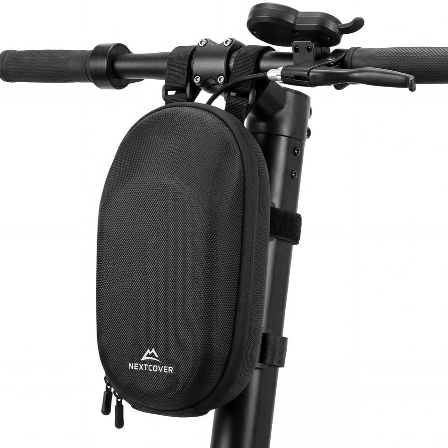 Nextcover E-Scooter Lenkertasche in Schwarz mit robustem Hartschalengehäuse und Klettverschluss zur Befestigung am Scooter Lenker