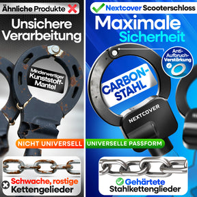 Nextcover Scooterschloss aus Carbon Stahl mit Anti-Aufbruch-Verstärkung und gehärteten Stahlkettengliedern im direkten Vergleich zu unsicheren Billigprodukten