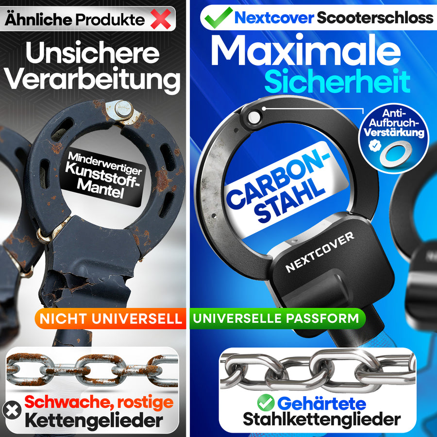 Nextcover Scooterschloss aus Carbon Stahl mit Anti-Aufbruch-Verstärkung und gehärteten Stahlkettengliedern im direkten Vergleich zu unsicheren Billigprodukten