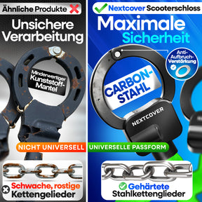 Nextcover Scooterschloss aus Carbon Stahl mit Anti-Aufbruch-Verstärkung und gehärteten Stahlkettengliedern im direkten Vergleich zu unsicheren Billigprodukten