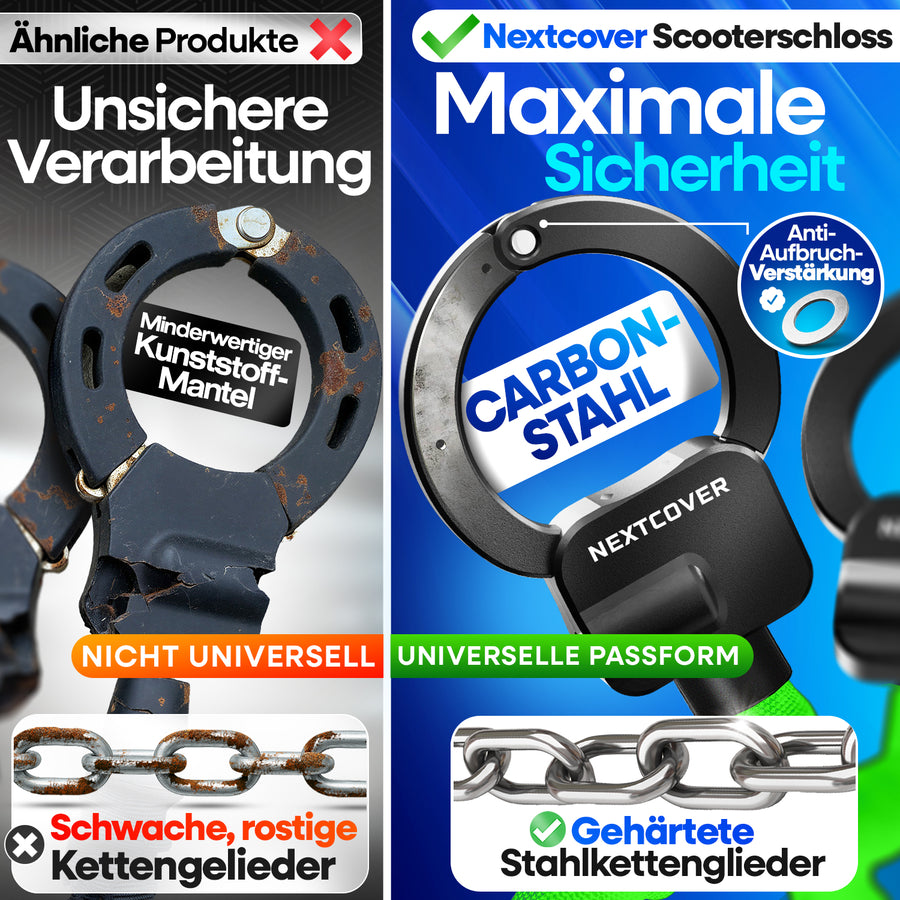 Nextcover Scooterschloss aus Carbon Stahl mit Anti-Aufbruch-Verstärkung und gehärteten Stahlkettengliedern im direkten Vergleich zu unsicheren Billigprodukten