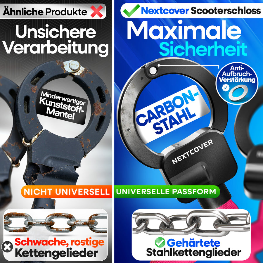 Nextcover Scooterschloss aus Carbon Stahl mit Anti-Aufbruch-Verstärkung und gehärteten Stahlkettengliedern im direkten Vergleich zu unsicheren Billigprodukten