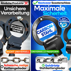 Nextcover Scooterschloss aus Carbon Stahl mit Anti-Aufbruch-Verstärkung und gehärteten Stahlkettengliedern im direkten Vergleich zu unsicheren Billigprodukten