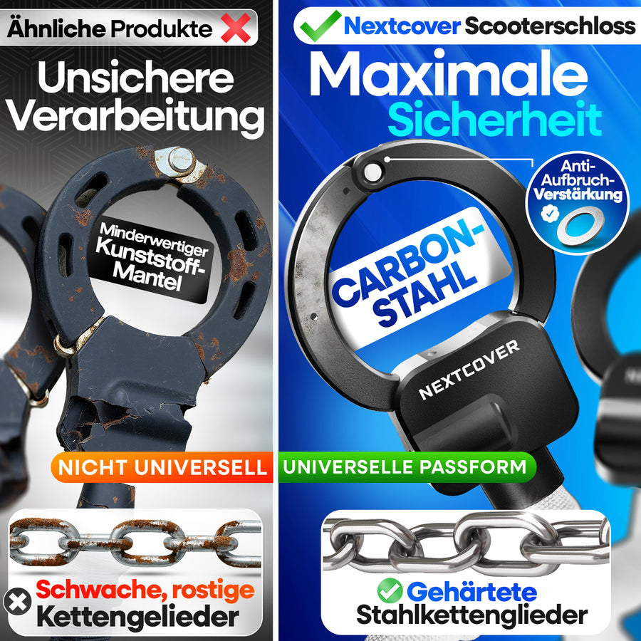 Nextcover Scooterschloss aus Carbon Stahl mit Anti-Aufbruch-Verstärkung und gehärteten Stahlkettengliedern im direkten Vergleich zu unsicheren Billigprodukten
