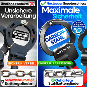 Nextcover Scooterschloss aus Carbon Stahl mit Anti-Aufbruch-Verstärkung und gehärteten Stahlkettengliedern im direkten Vergleich zu unsicheren Billigprodukten