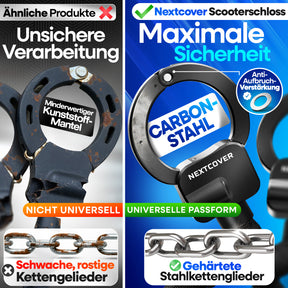 Nextcover Scooterschloss aus Carbon Stahl mit Anti-Aufbruch-Verstärkung und gehärteten Stahlkettengliedern im direkten Vergleich zu unsicheren Billigprodukten