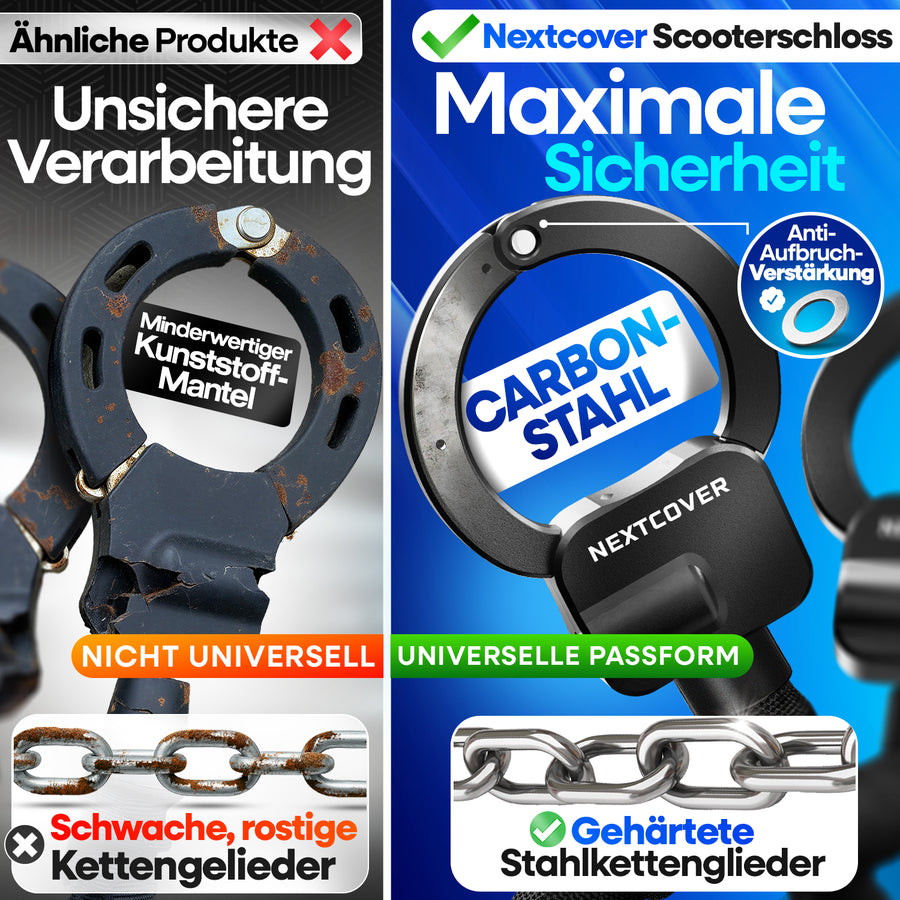Nextcover Scooterschloss aus Carbon Stahl mit Anti-Aufbruch-Verstärkung und gehärteten Stahlkettengliedern im direkten Vergleich zu unsicheren Billigprodukten