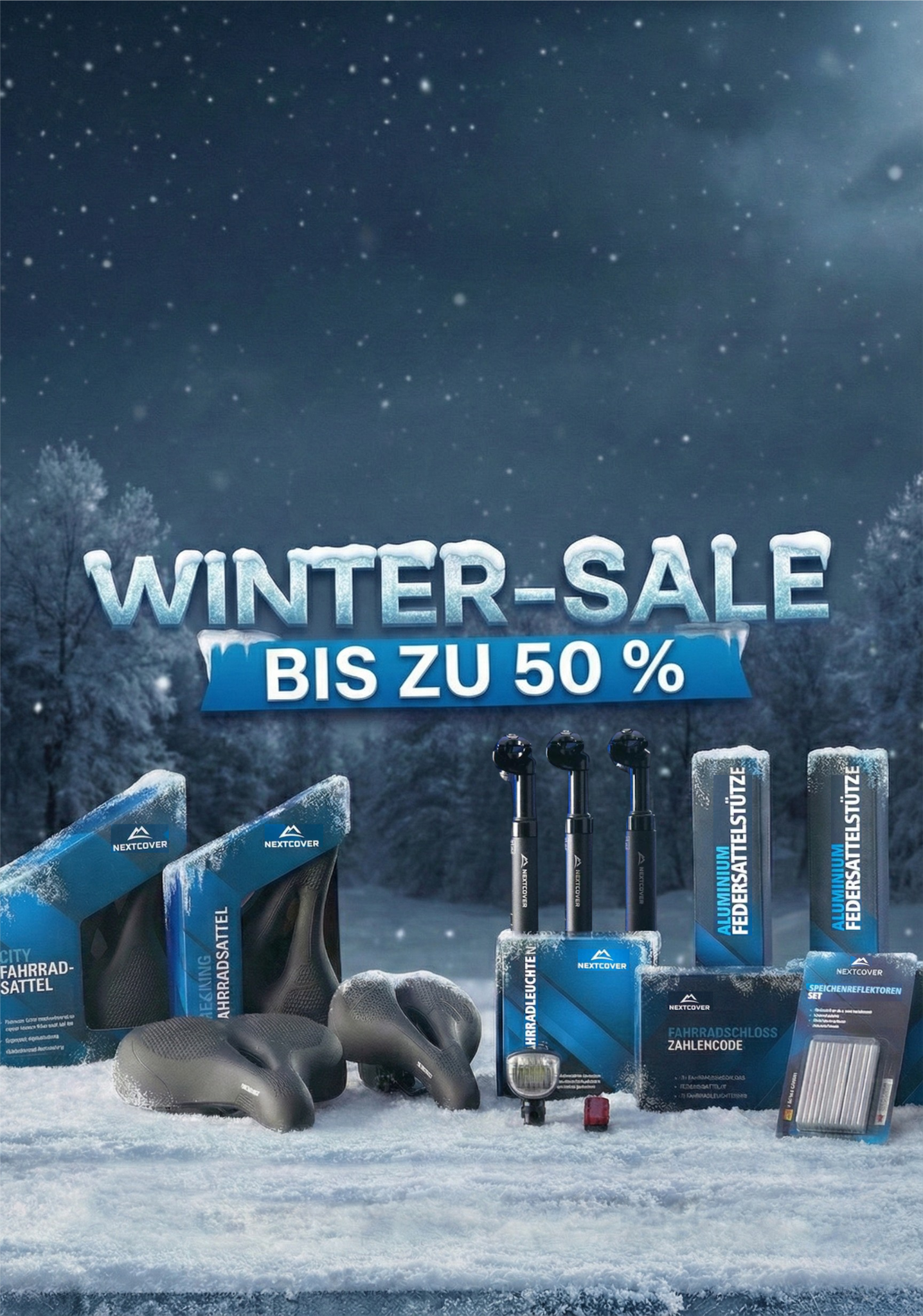 Nextcover Winter-Sale: Bis zu 50% Rabatt – Perfektes Fahrradzubehör für den Winter, darunter Fahrradsättel, Federsattelstützen, Beleuchtung und Schlösser.
