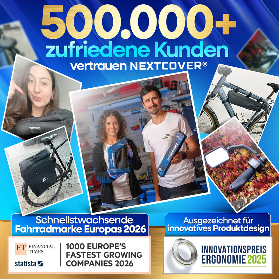 Nextcover Markenbild mit über 500.000 zufriedenen Kunden, Auszeichnungen als schnellstwachsende Fahrradmarke Europas 2026 und Innovationspreis Ergonomie 2025