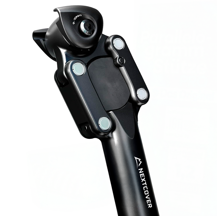 Nextcover gefederte Parallelogramm Fahrrad-Sattelstütze in Schwarz, aus robustem Aluminium und stufenlos einstellbar für optimalen Fahrkomfort auf jedem Gelände.
