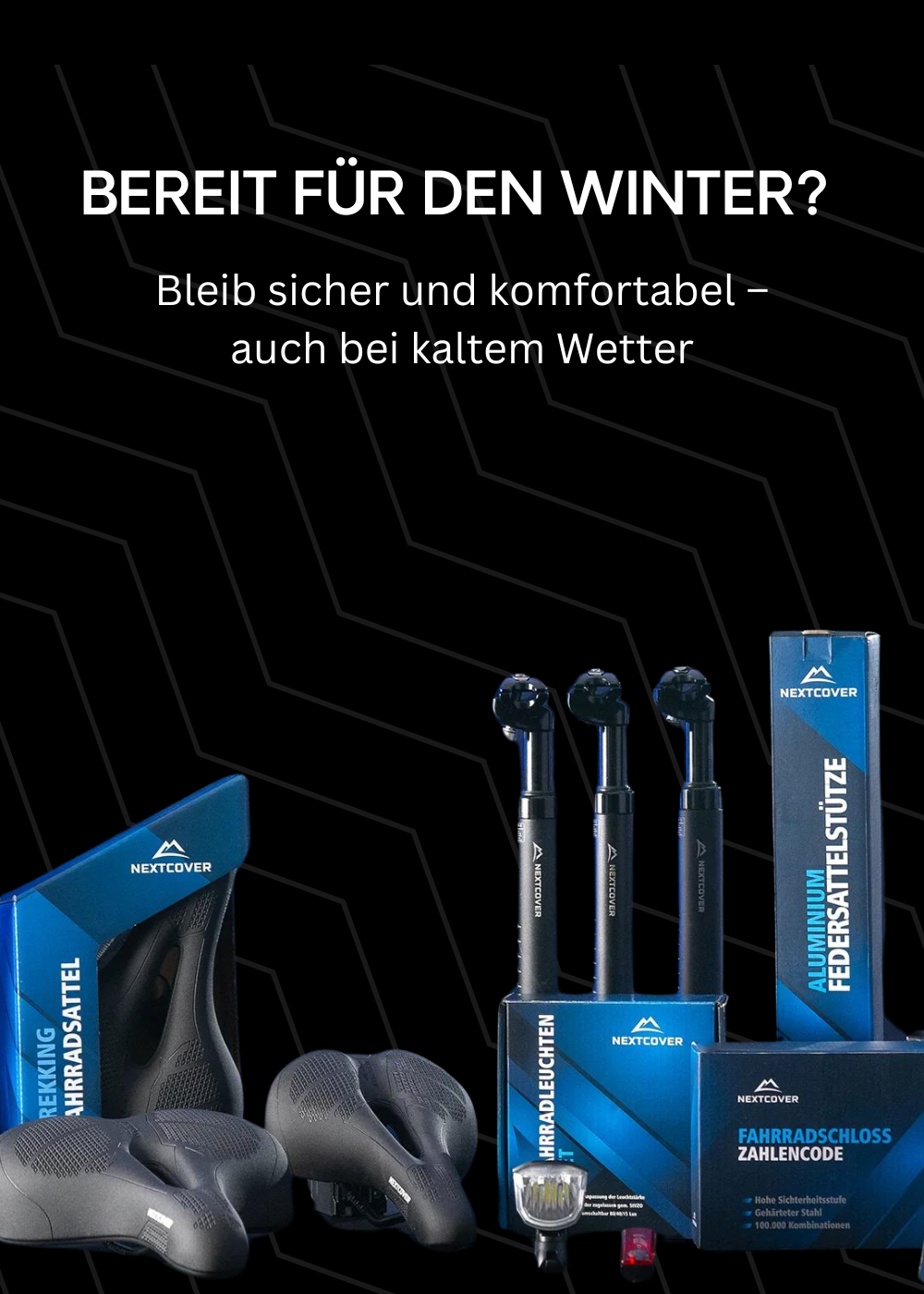 Nextcover Fahrradzubehör mit Sätteln, Federsattelstützen, Zahlenschloss und Reflektoren für sicheres Winter-Radfahren