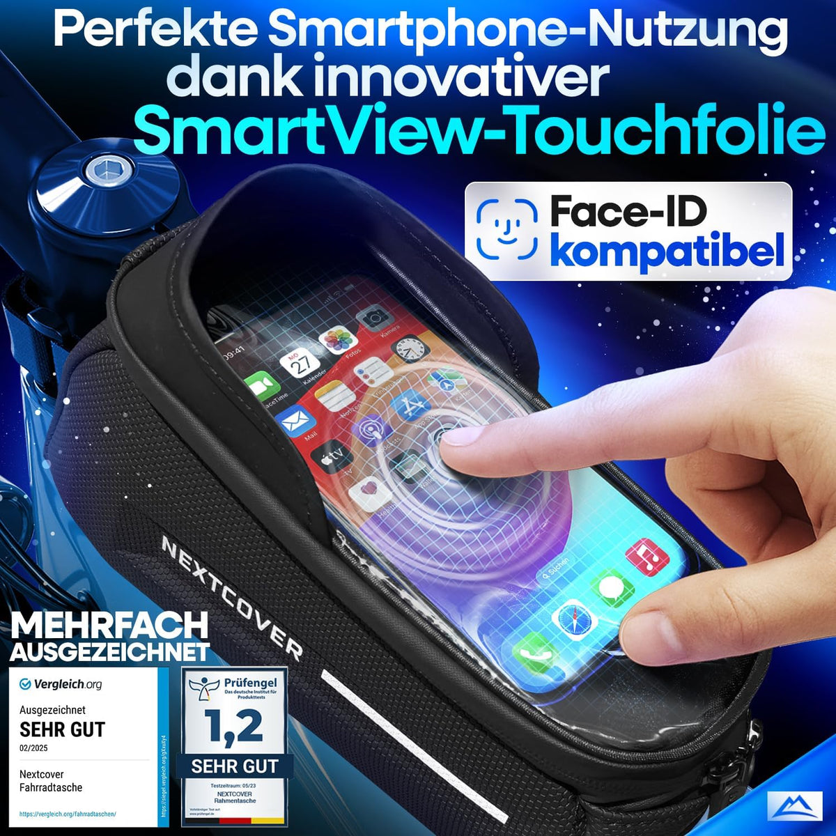 Nextcover Fahrrad-Rahmentasche mit SmartView-Touchfolie – perfekte Smartphone-Nutzung während der Fahrt, Face-ID kompatibel, ideal für Navigation und Bedienung direkt am Lenker.