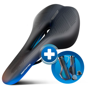 Bundle aus Nextcover ComfortOne Fahrradsattel mit ergonomischem Memory-Foam und stoßdämpfenden ComfortGrip Fahrradgriffen für maximalen Komfort und sicheren Halt beim Radfahren.