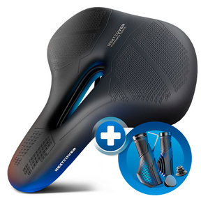 Bundle aus Nextcover ComfortOne Fahrradsattel mit ergonomischem Memory-Foam und stoßdämpfenden ComfortGrip Fahrradgriffen für maximalen Komfort und sicheren Halt beim Radfahren.