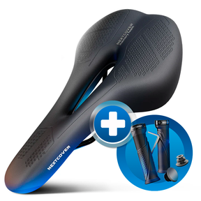 Bundle aus Nextcover ComfortOne Fahrradsattel mit ergonomischem Memory-Foam und stoßdämpfenden ComfortGrip Fahrradgriffen für maximalen Komfort und sicheren Halt beim Radfahren.