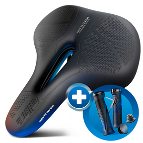 Bundle aus Nextcover ComfortOne Fahrradsattel mit ergonomischem Memory-Foam und stoßdämpfenden ComfortGrip Fahrradgriffen für maximalen Komfort und sicheren Halt beim Radfahren.