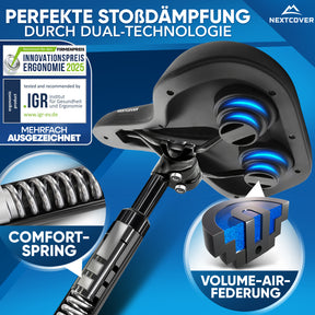 Nextcover Fahrradsattel und Sattelstütze mit Dual-Technologie (Comfort-Spring & Volume-Air-Federung) für perfekte Stoßdämpfung, nominiert für den Innovationspreis Ergonomie 2025 und mehrfach ausgezeichnet durch das IGR