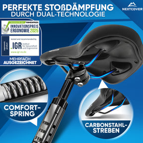 Nextcover Fahrradsattel und Sattelstütze mit Dual-Technologie (Comfort-Spring & Volume-Air-Federung) für perfekte Stoßdämpfung, nominiert für den Innovationspreis Ergonomie 2025 und mehrfach ausgezeichnet durch das IGR