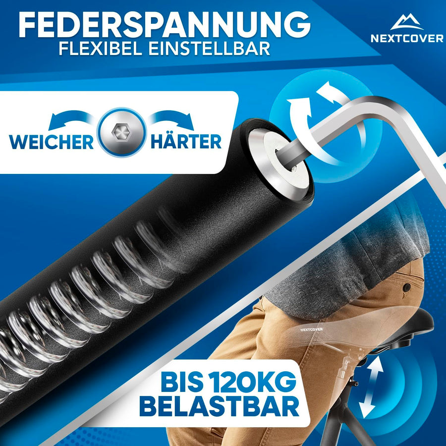 Gefederte Nextcover Sattelstütze mit flexibel einstellbarer Federspannung (weicher oder härter) für optimalen Fahrkomfort.