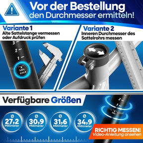 Nextcover Sattelstütze: Anleitung zum richtigen Messen des Durchmessers (27,2 mm, 30,9 mm, 31,6 mm, 34,9mm) per Messschieber an alter Sattelstange oder innen am Sattelrohr, um die passende Größe zu bestellen.
