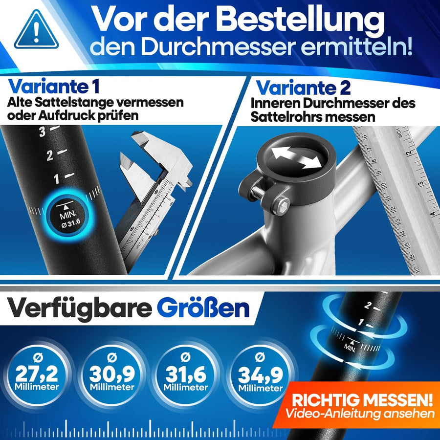 Nextcover Sattelstütze: Anleitung zum richtigen Messen des Durchmessers (27,2 mm, 30,9 mm, 31,6 mm, 34,9mm) per Messschieber an alter Sattelstange oder innen am Sattelrohr, um die passende Größe zu bestellen.