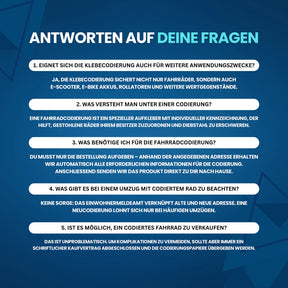 Nextcover Infografik mit Antworten auf häufige Fragen zur Klebecodierung: Anwendungsbereiche (Fahrräder, E‑Scooter, Akkus, Rollatoren), Funktionsweise, benötigte Unterlagen, Umzugshinweise und Verkauf codierter Räder.