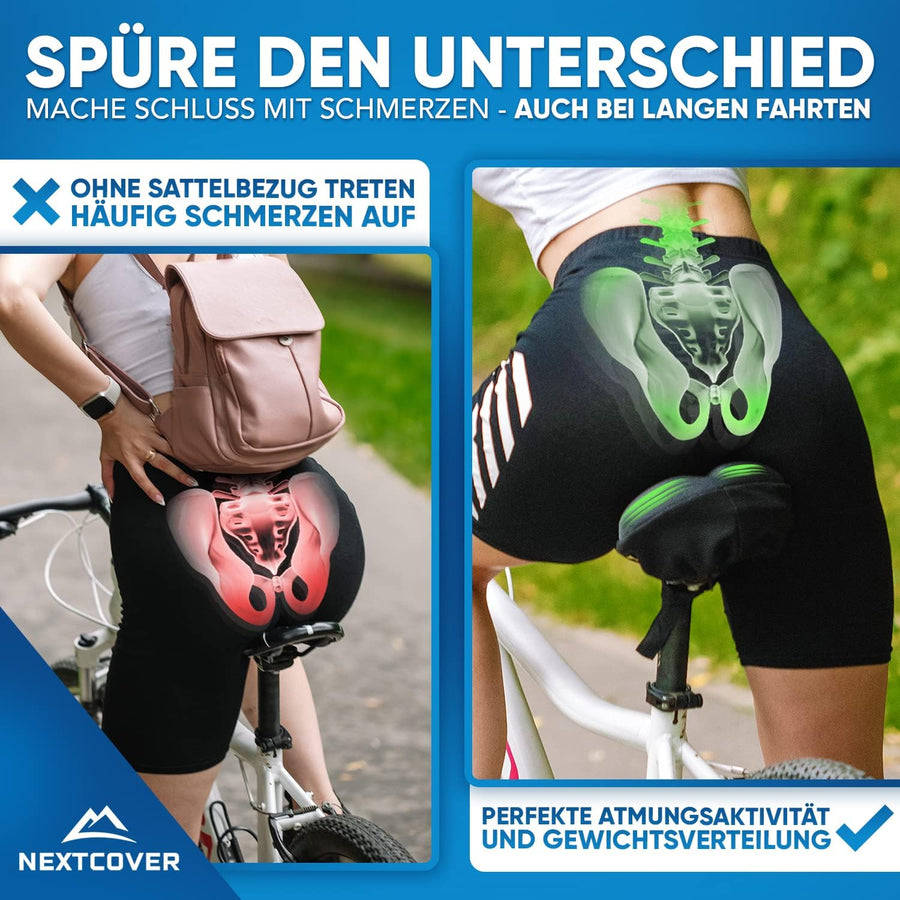 Nextcover Fahrradsattelbezug im Vorher-nachher-Vergleich – reduziert Druckpunkte, verbessert Gewichtsverteilung und Atmungsaktivität.