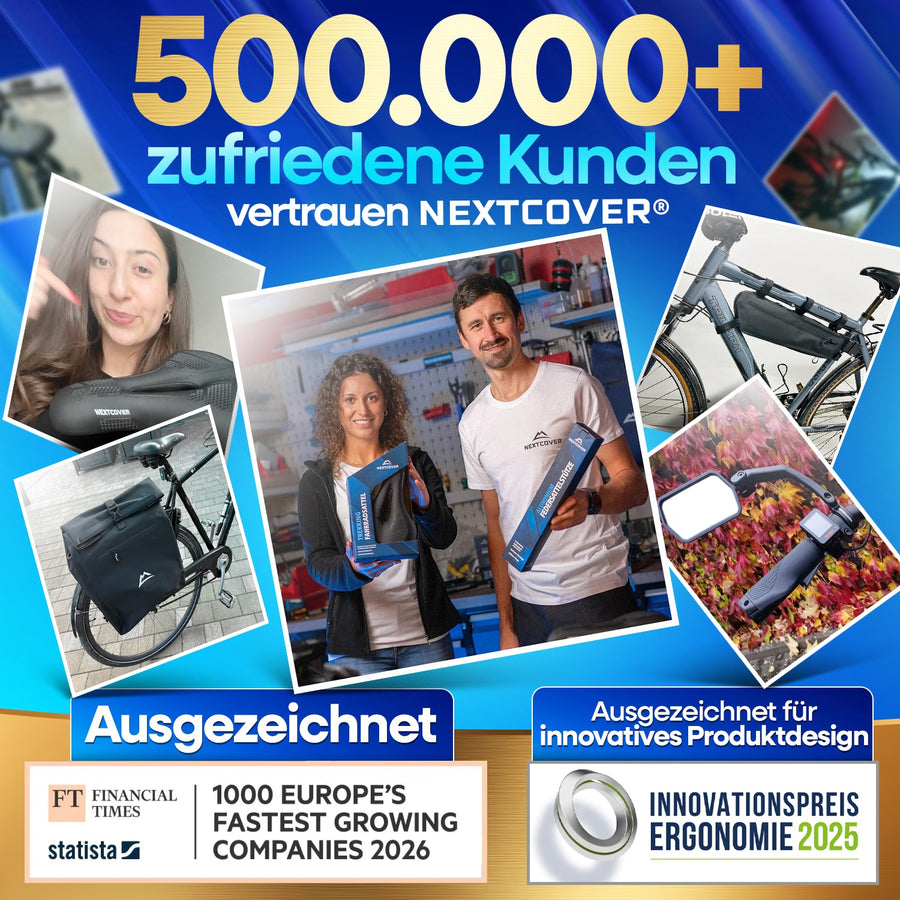 Nextcover Fahrradtasche und ergonomischer Fahrradsattel auf Kundencollage mit über 500.000 zufriedenen Kunden, wasserdicht für Radtouren und Bikepacking