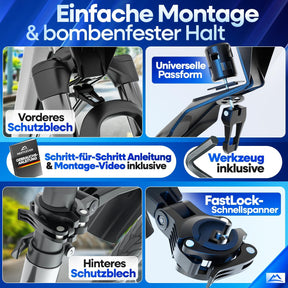 Nextcover Schutzblech-Set mit einfacher Montage – inklusive Werkzeug, Schritt-für-Schritt-Anleitung und FastLock-Schnellspanner für sicheren Halt am Vorder- und Hinterrad. Universelle Passform für jedes Fahrrad.