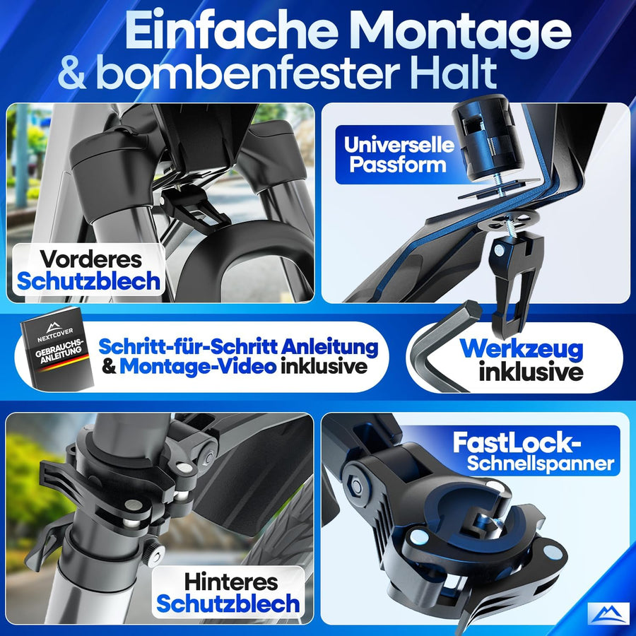 Nextcover Schutzblech-Set mit einfacher Montage – inklusive Werkzeug, Schritt-für-Schritt-Anleitung und FastLock-Schnellspanner für sicheren Halt am Vorder- und Hinterrad. Universelle Passform für jedes Fahrrad.
